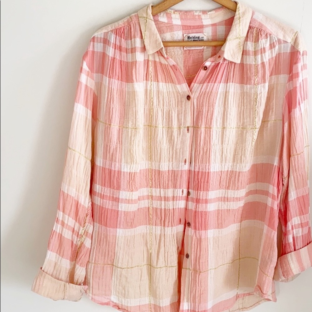 Anthro Holding Horses Peach Plaid Button Down Top - Picture 5 of 11
